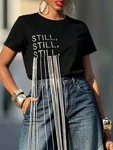 Image of Casual Text Letters Tassel T-shirt