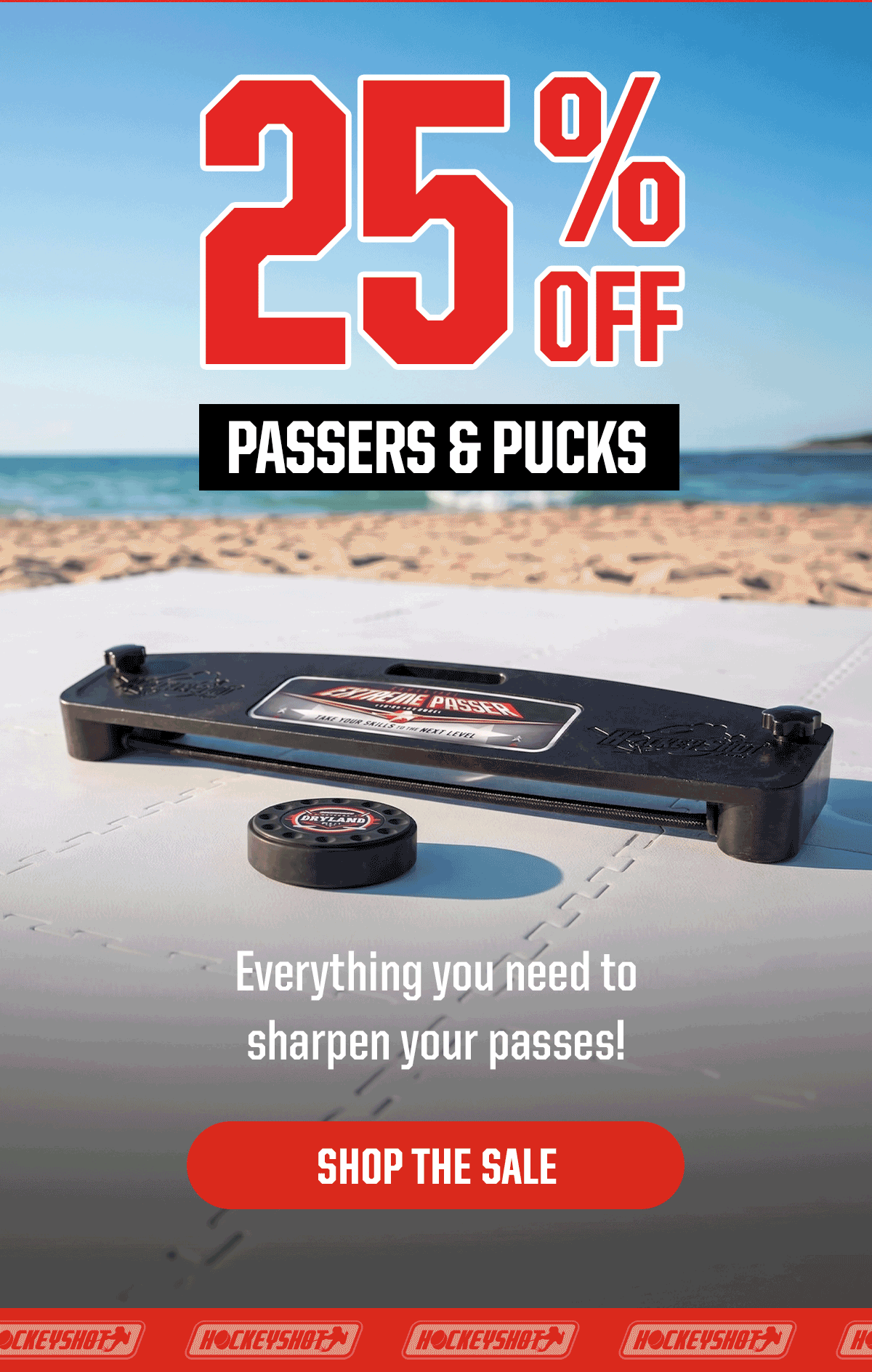 Headline: 25% Off Passers & Pucks. Subheader: Everything you need to sharpen your passes! CTA: Shop The Sale
