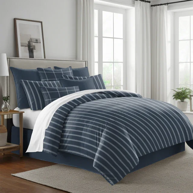 Shay Broad Tic Stripe Dark Denim 8 Piece Duvet Cover Set
