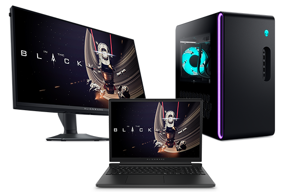 Collage of Alienware monitor, laptop and desktop