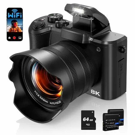 Vlogging Camera 8K 88MP Autofocus WiFi YouTube Video Touch Screen Dual Lens Flash Lens Hood 64GB Card Two Batteries Digital Photography Content Creation