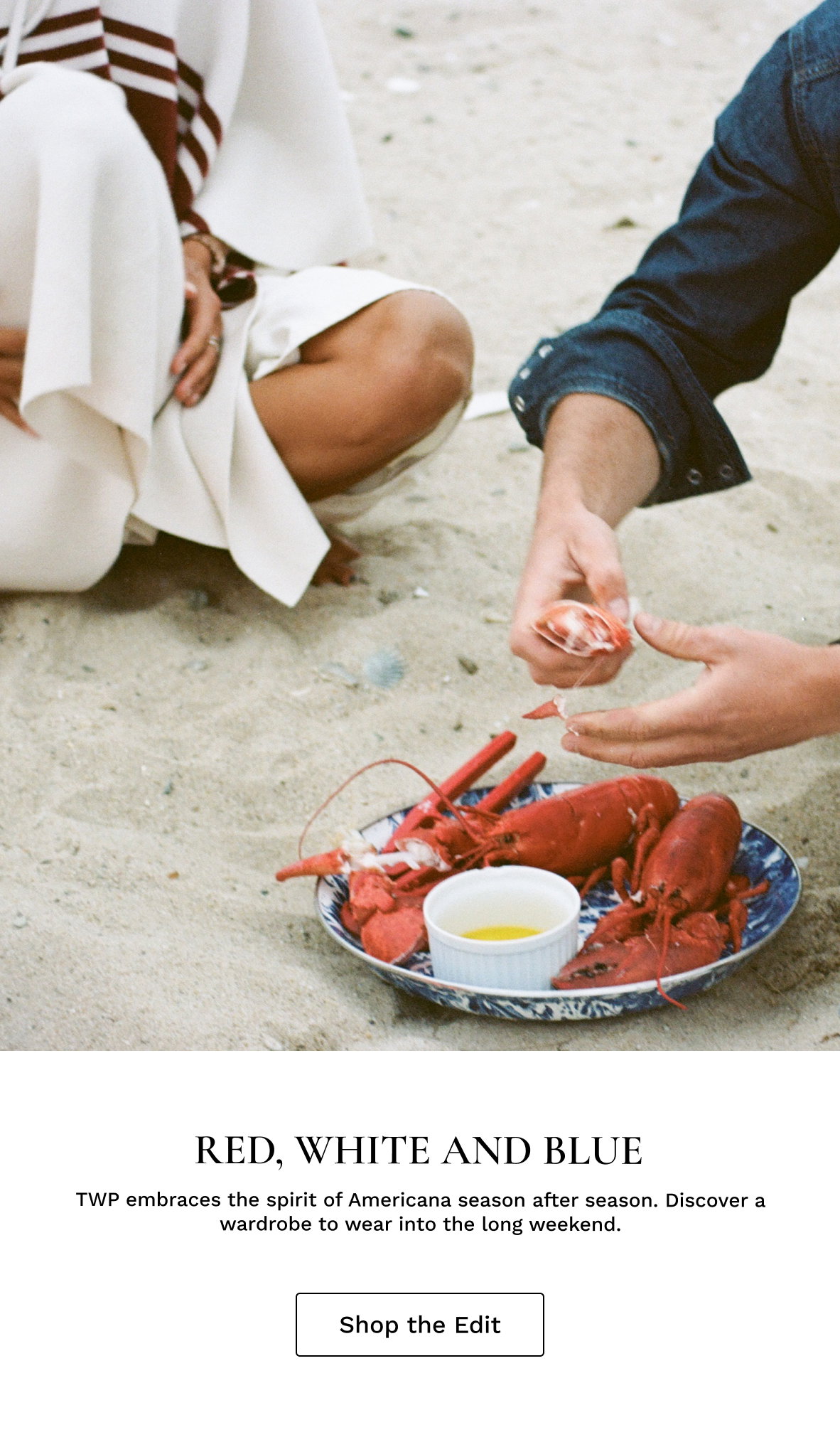 Image of a beach with two people surrounding a bowl of lobster and black text beneath.