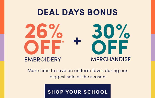 26% off embroidery + 30% off merch