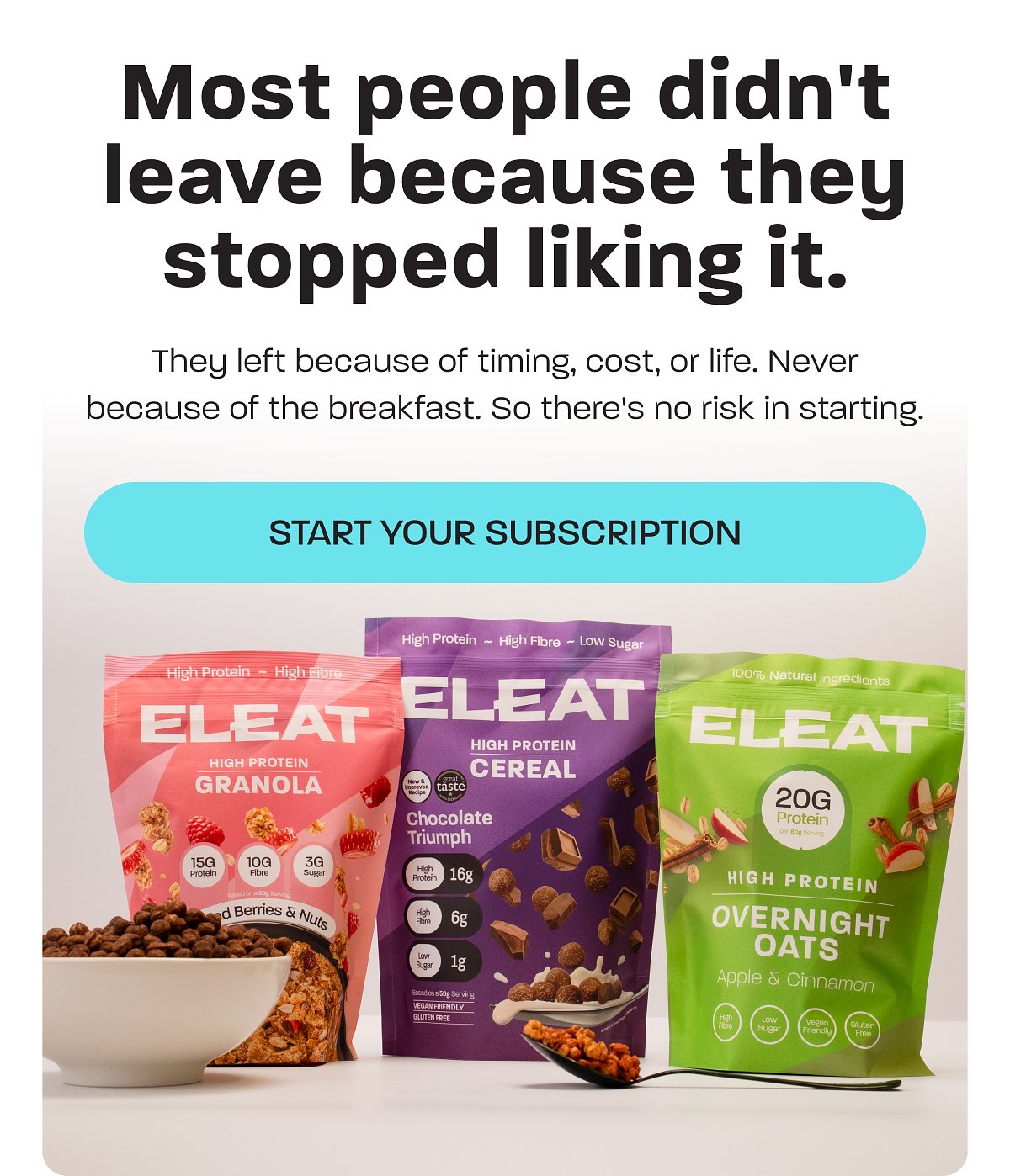 High protein breakfast options: granola, cereal, and overnight oats with flavors listed.