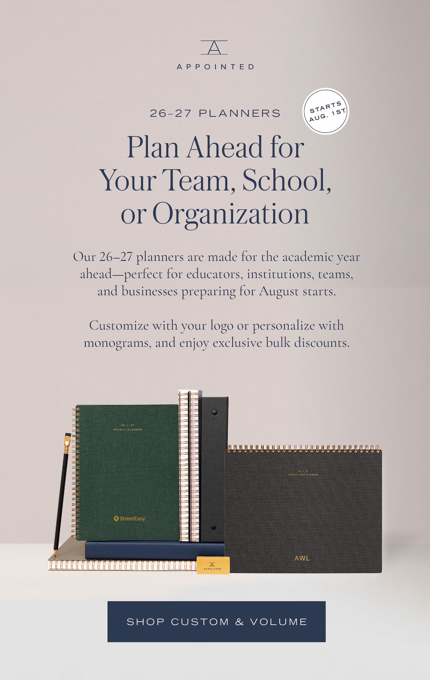 Plan ahead with custom planners from Appointed. Add a logo or personalized monograms for the ultimate corporate gift they'll actually use.