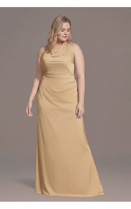 Matte Satin High Neck Low Back Sheath Dress