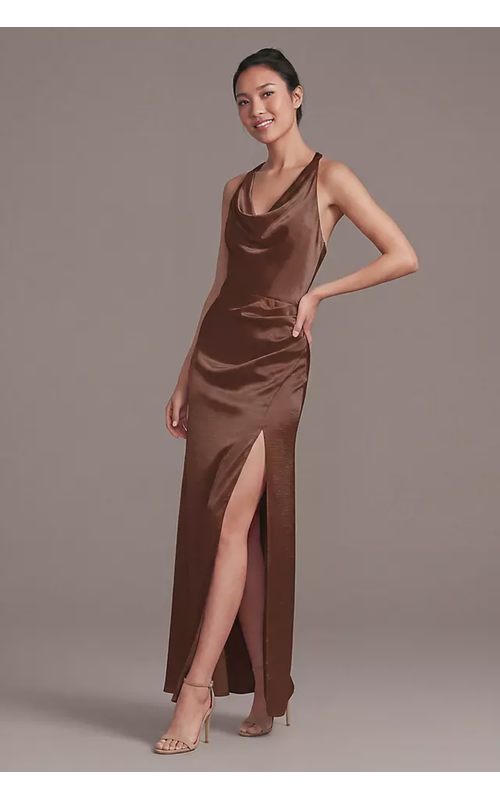 Luxe Satin Cowl Neck Halter Sheath Dress