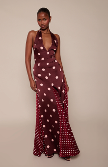 Brown Contrast Polka Dot Halterneck Maxi Dress