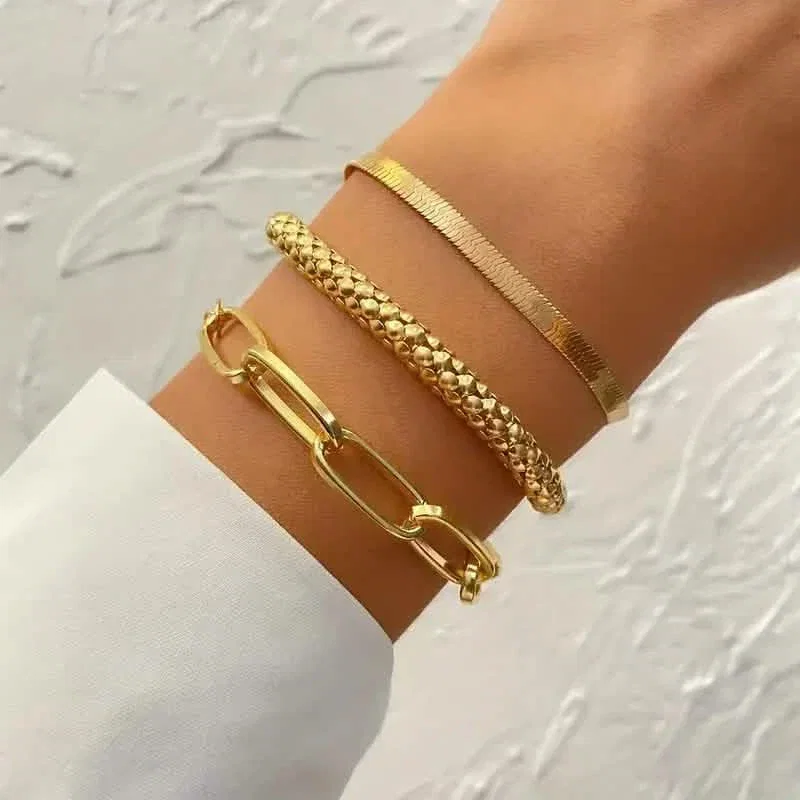 Image of 3-Pieces Set: Vintage Golden Color Snake Bone Chain Multilayer Bracelet
