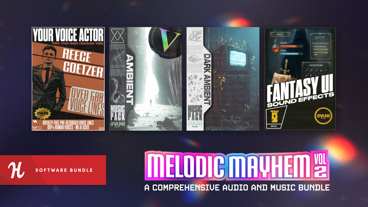 Mix the perfect audioscape with our Melodic Mayhem Vol. 2 Bundle. This library of professional-quality assets includes the Reece Coetzer Voice Over Pack, Ambient Music Pack Vol. 5, Fantasy UI Sound FX Pack, and more. 