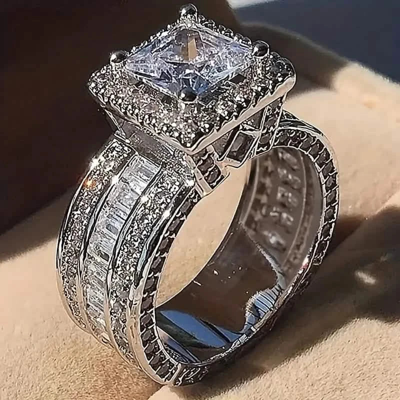 Image of Shiny Halo Ring Inlaid Square Cut Shiny Zirconia Ring
