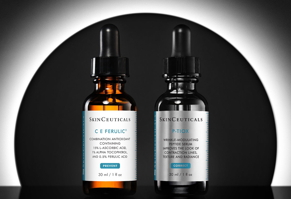Les sérums C E Ferulic et P-TIOX sur un fond noir