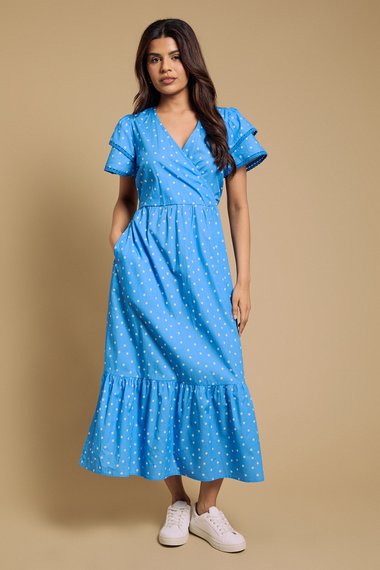 Petite Wrap Front Lace Detail Tiered Printed Maxi Dress