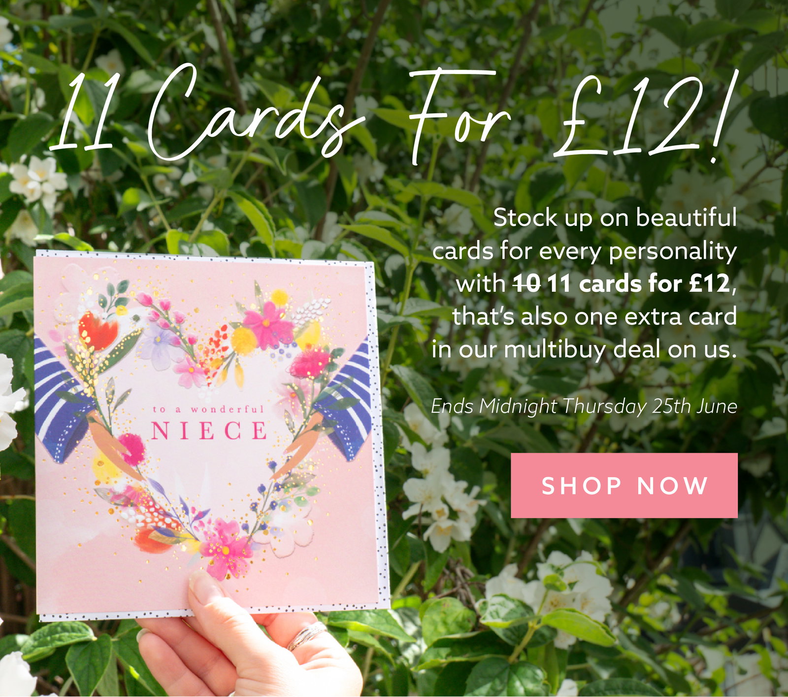 Floral birthday card held outdoors amongst summer flowers