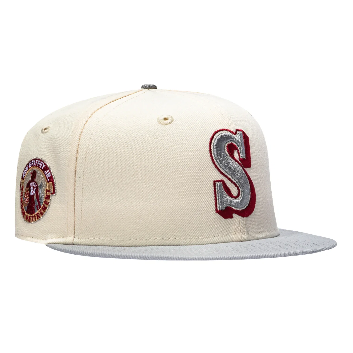 Image of New Era 59Fifty Seattle Mariners 24 Ken Griffey Jr Patch Hat - White, Grey, Cardinal