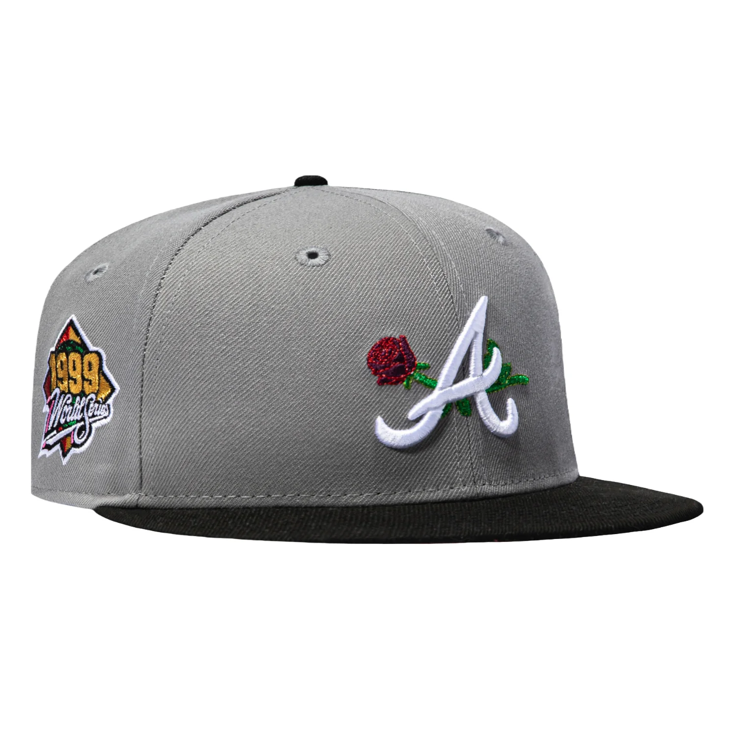 Image of New Era 59Fifty Atlanta Braves 1999 World Series Patch Pink UV Rose Hat - Graphite, Black