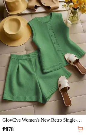 GlowEve Women's New Retro Single-Breasted Round Neck Solid Color Knit Sweater Vest Cardigan, Versatile Shorts Daily Outfit, 2-Piece Sweater Set