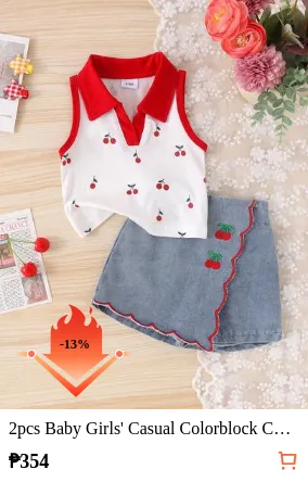 2pcs Baby Girls' Casual Colorblock Collar Top & Cherry Embroidered Denim Skort Set, Lightweight Summer