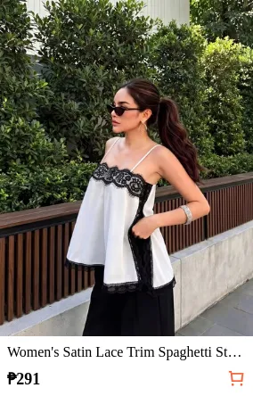 Women's Satin Lace Trim Spaghetti Strap Cami Top - Alluring Side Slit Khaki Summer Camisole Casual White