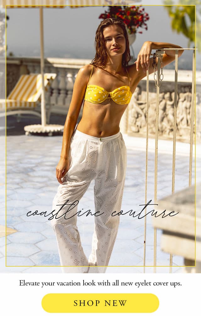Model wearing a yellow polka dot bikini with white eyelet pants. Shop new. 