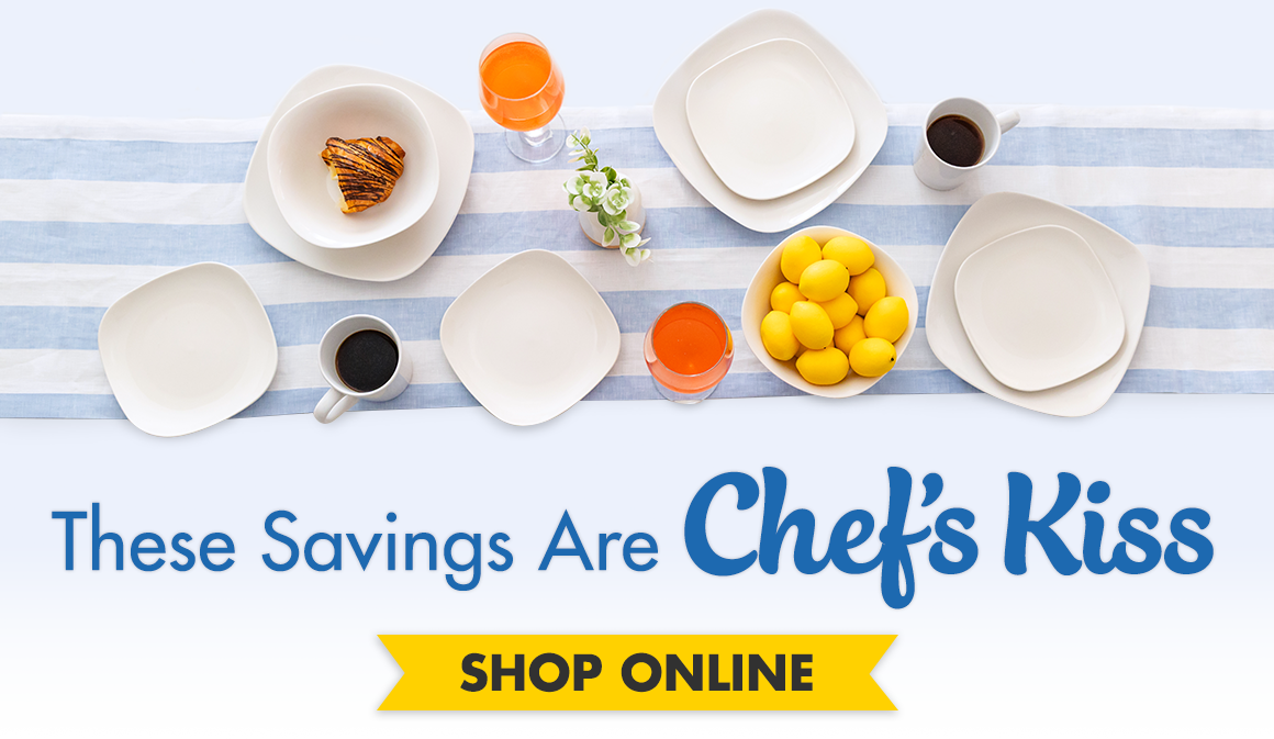 These Savings Are Chef's Kiss. Image of white ceramic tableware on a toble viewed from above.