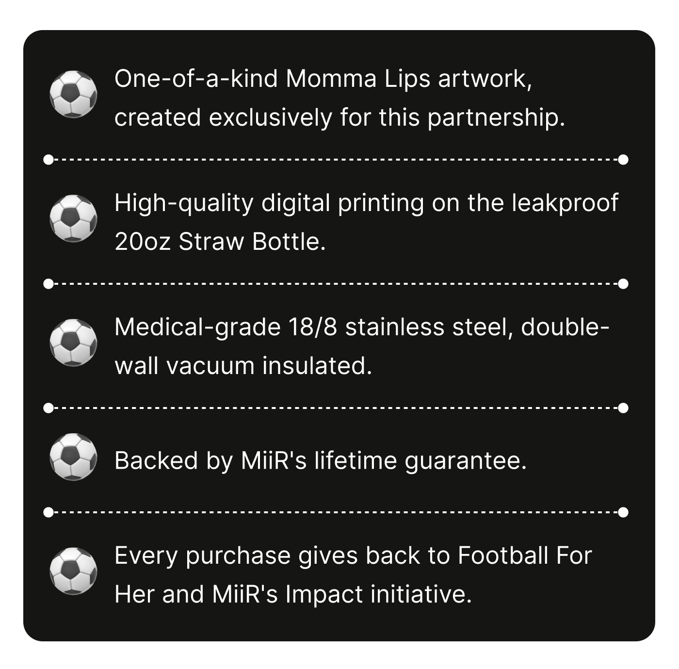 The special edition MiiR straw bottle features exclusive Momma Lips artwork, a leakproof 20oz size, and medical-grade 18/8 stainless steel with double-wall vacuum insulation