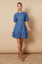 Short Puff Sleeve Detail Denim Mini Dress