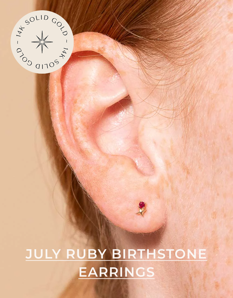 July Ruby Birthstone Earrings in Solid Gold
