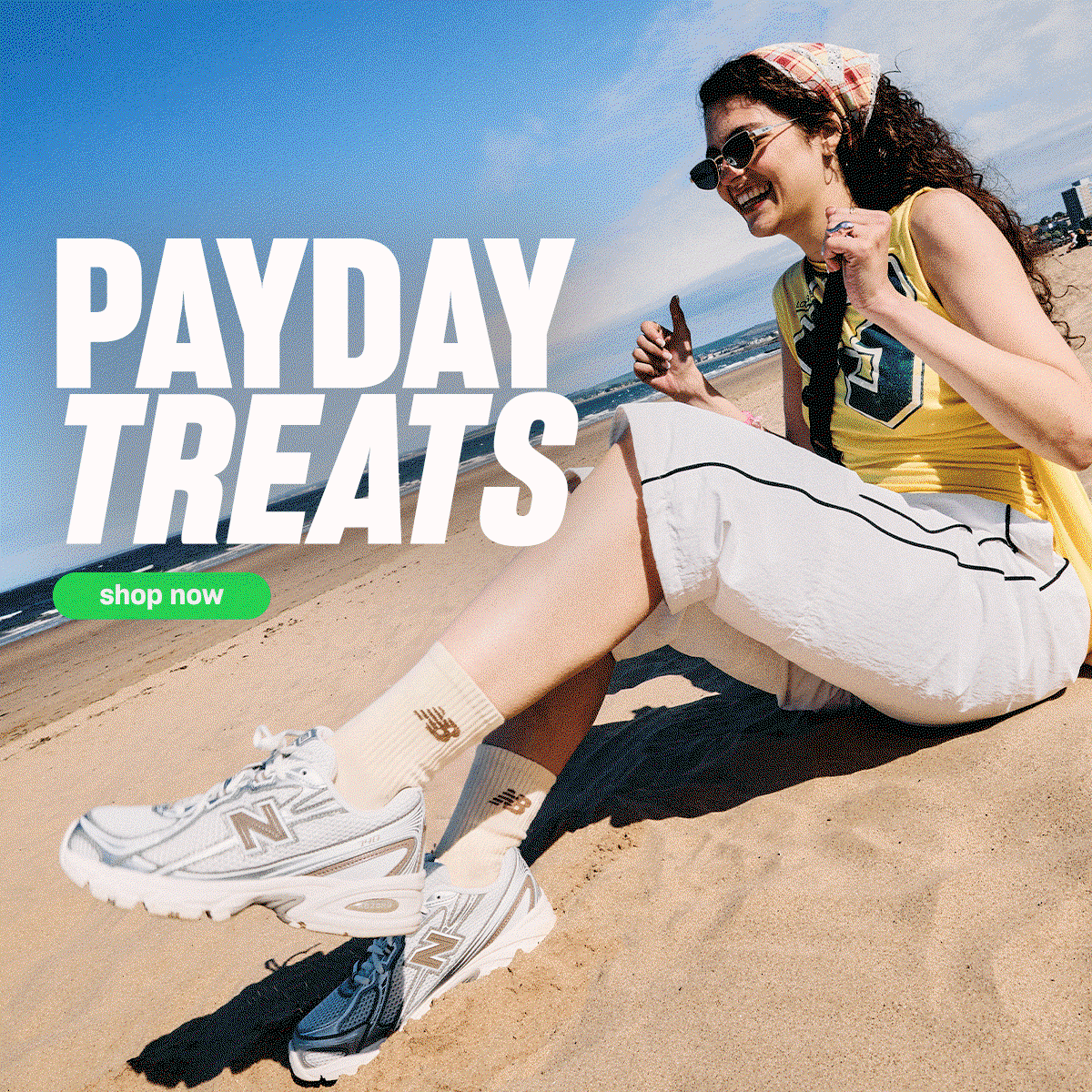 A hero image featuring a woman on a beach wearing New Balance 740 white and brown