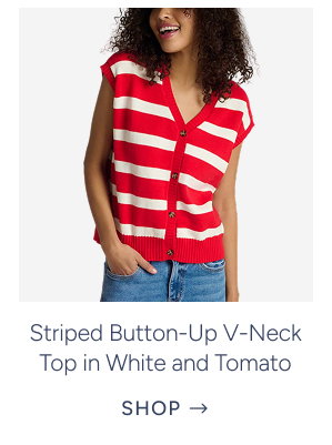Striped Button-Up V-Neck Top in White and Tomato