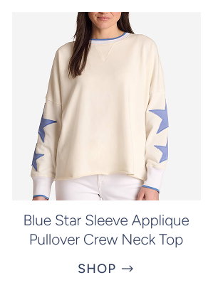 Blue Star Sleeve Applique Pullover Crew Neck Top in Marshmallow