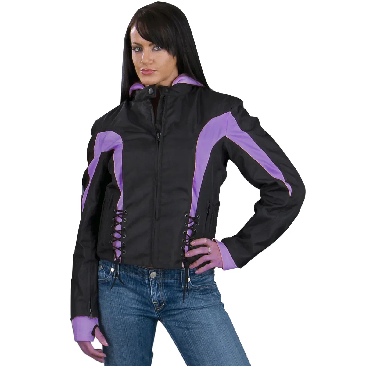 Image of NexGen Ladies SH1906 Black and Purple Textile Racer Jacket with Hoodie