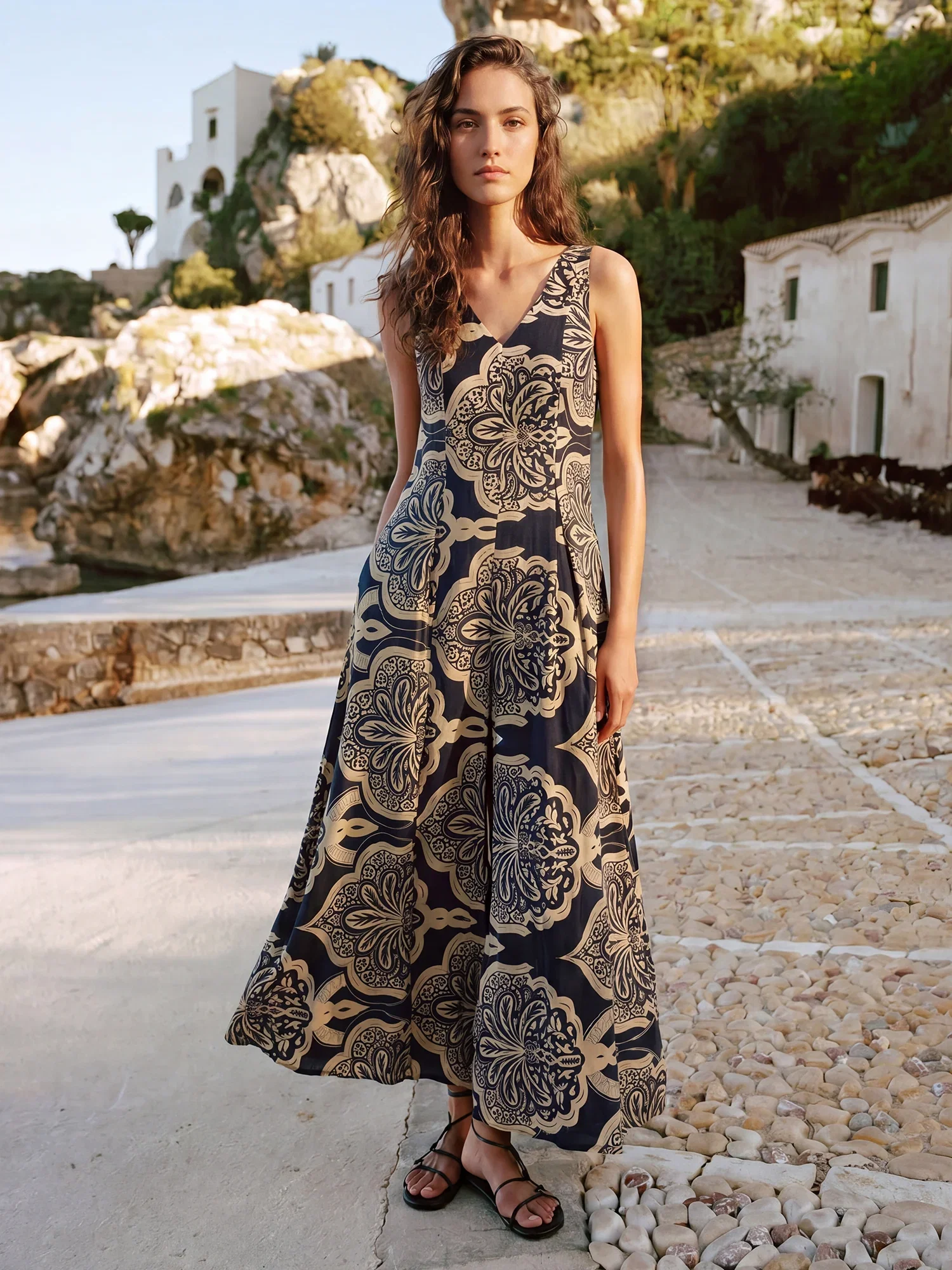 Image of Border Print Flare Loose Fit Jumpsuit