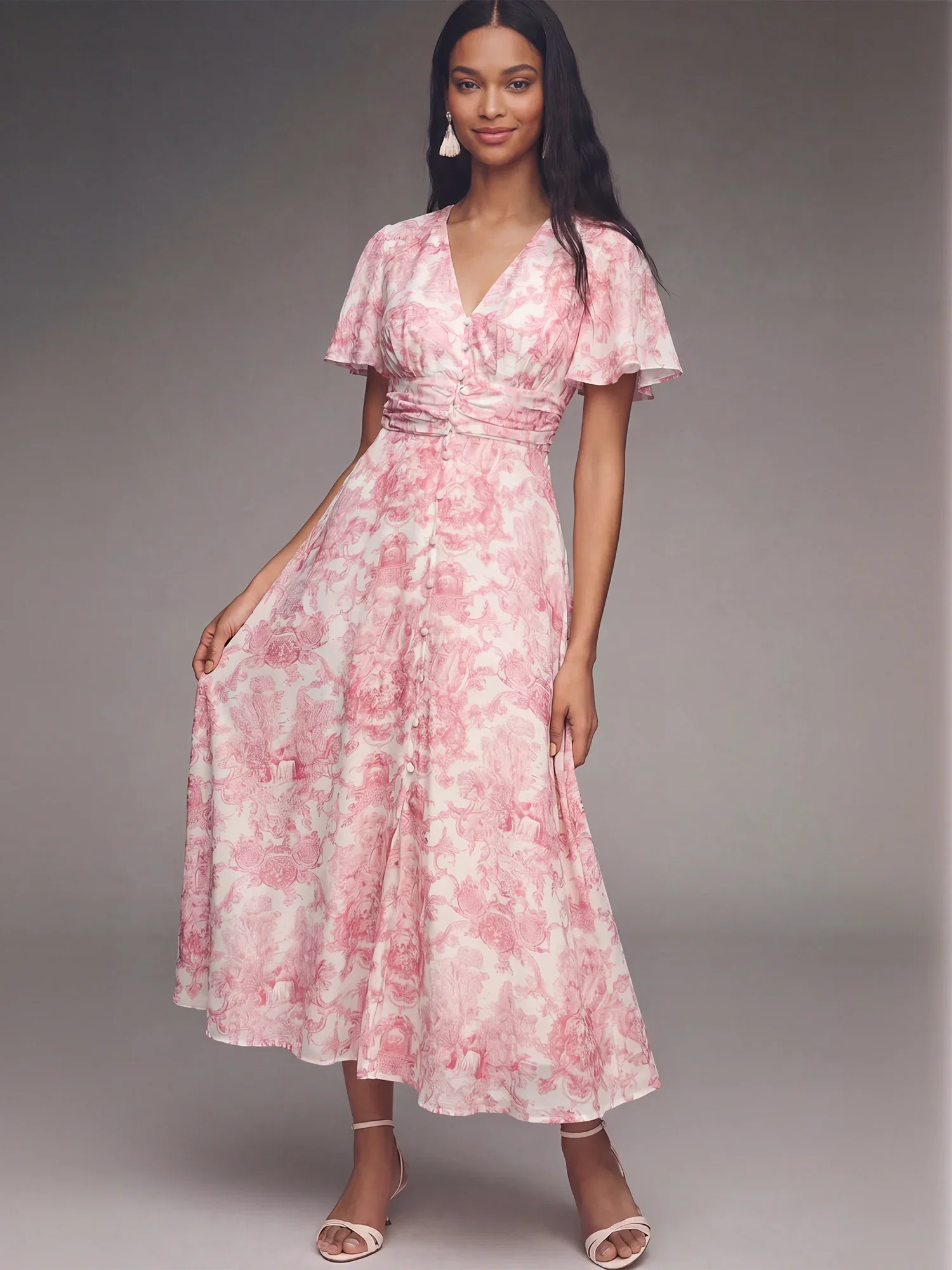Image of Short Sleeve Toile Print V Neck Midi Dress