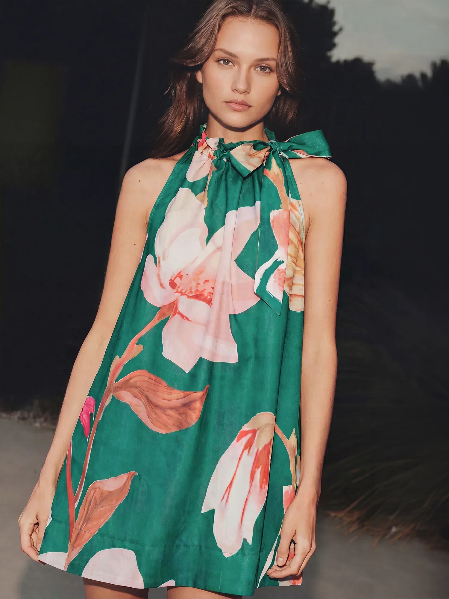 Image of Ruffle Neck Tie Sleeveless Floral Print Mini Dress