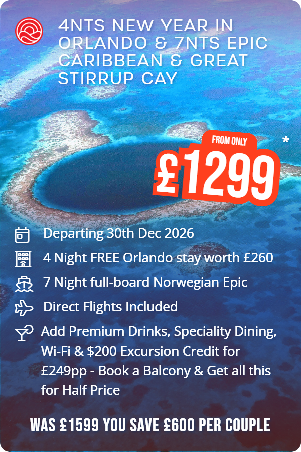 4nts New Year in Orlando & 7nts Epic Caribbean & Great Stirrup Cay – Smart Holiday promotional image. From £1,299 Includes: Departing 30th Dec 2026, 4 Night FREE Orlando stay worth £260, 7 Night full-board Norwegian Epic, Direct Flights Included, Add Premium Drinks, Speciality Dining, Wi-Fi & $200 Excursion Credit for £249pp - Book a Balcony & Get all this for Half Price. WAS £1599 YOU SAVE £600 PER COUPLE