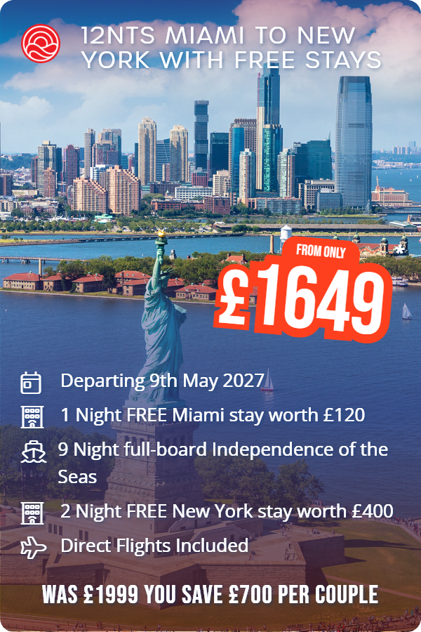 12nts Miami to New York with Free Stays – Smart Holiday promotional image. From £1,649 Includes: Departing 9th May 2027, 1 Night FREE Miami stay worth £120, 9 Night full-board Independence of the Seas, 2 Night FREE New York stay worth £400, Direct Flights Included. WAS £1999 YOU SAVE £700 PER COUPLE