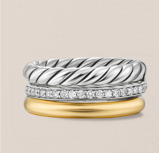 DY Mercer® Three Row RingSterling Silver with 18K Yellow Gold and Diamonds, 8.9mm