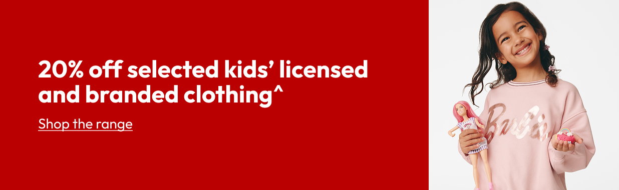 20% of f selected kids’ licensed and branded clothing^