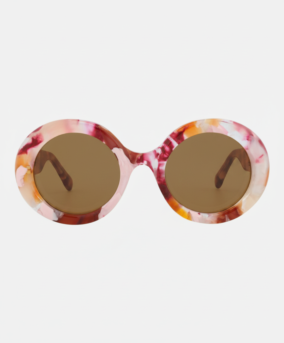 Oval sunglasses with a marbled pink, red, and orange frame and brown lenses.