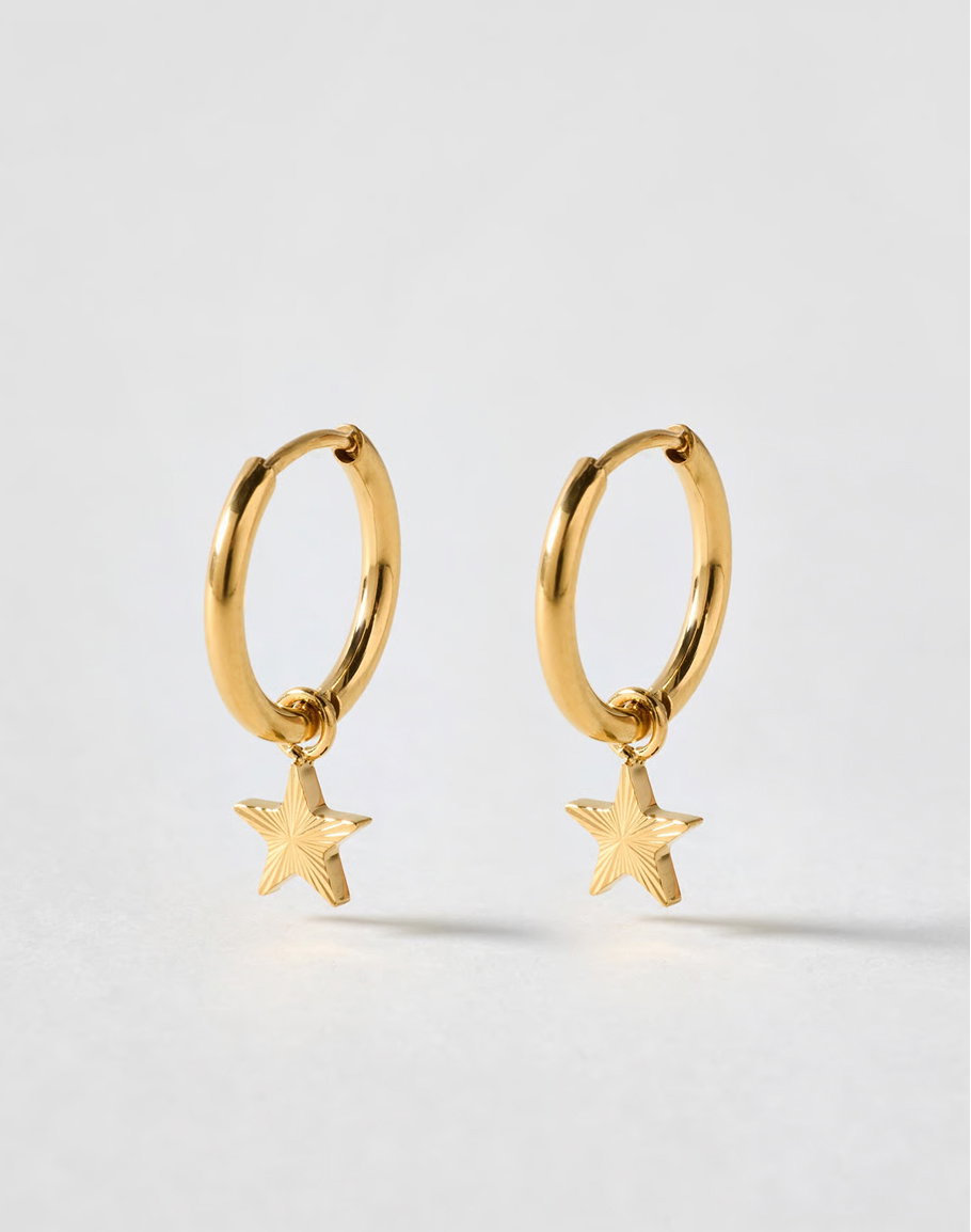 Novie Gold Tone Waterproof Etched Star Hoop Earrings