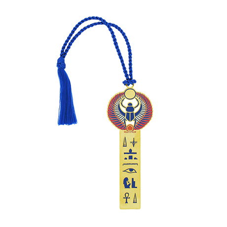 Metal bookmark decorated with Egyptian hieroglyphs and topped with a winged scarab beetle design. - Shop Now.