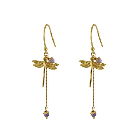 Gold-plated earrings featuring a Japanese-inspired dragonfly and amethyst gems. - Shop Now.