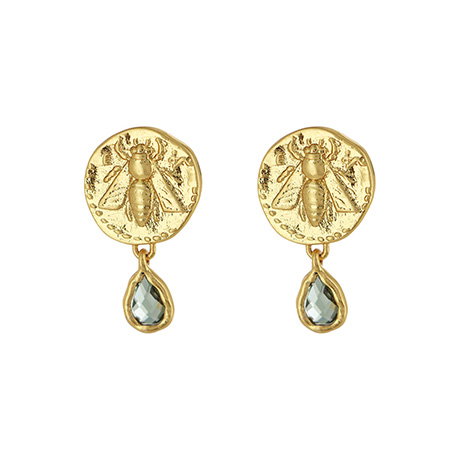 Stud earrings featuring bee motifs on coin pendants with cubic zirconia details. - Shop Now.
