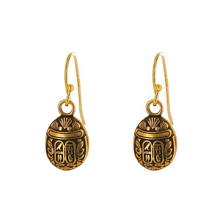 Gold-plated drop earrings with scarab beetle bead pendants. - Shop Now.