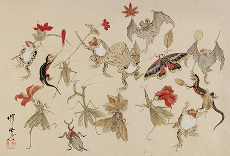 Group of frogs, lizards, bats and insects depicted together in a lively scene. - Custom Print.