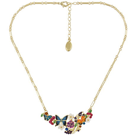 Necklace decorated with a kaleidoscope of butterflies on a flowering vine. - Shop Now.