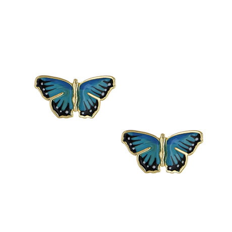Stud earrings decorated with hand-painted enamel butterflies and gold-plated details. - Shop Now.