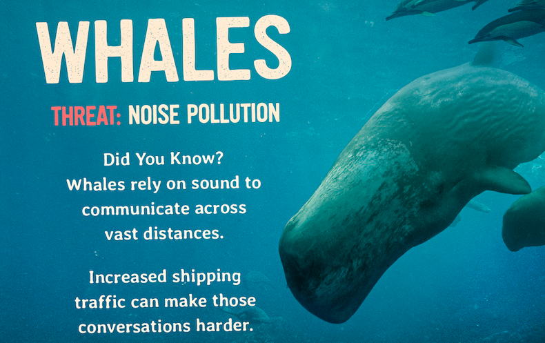 Whales rely on sound to communicate across vast distances, but increased shipping traffic can make those conversations harder. Noise pollution is a growing threat, and tracking a whale on Fahlo means supporting the work to protect them.