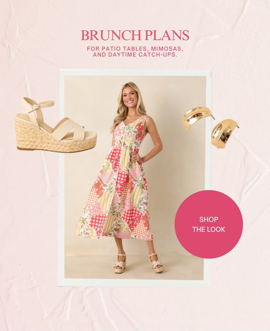 'Brunch Plans. For patio tables, mimosa, and daytime catch-ups. Shop the Look.' Image of model wearing a Red Multi Patchwork Print Midi Dress.